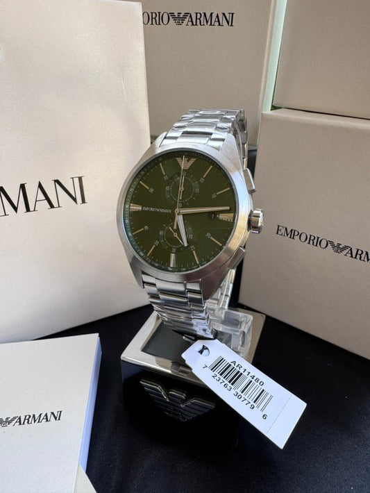 Emporio Armani | Chronograph Green Dial Silver Steel Strap Watch For Men - AR11480