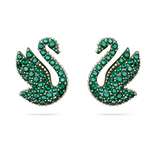 Swarovski | Swan stud earrings | Swan, Green, Rose gold-tone plated