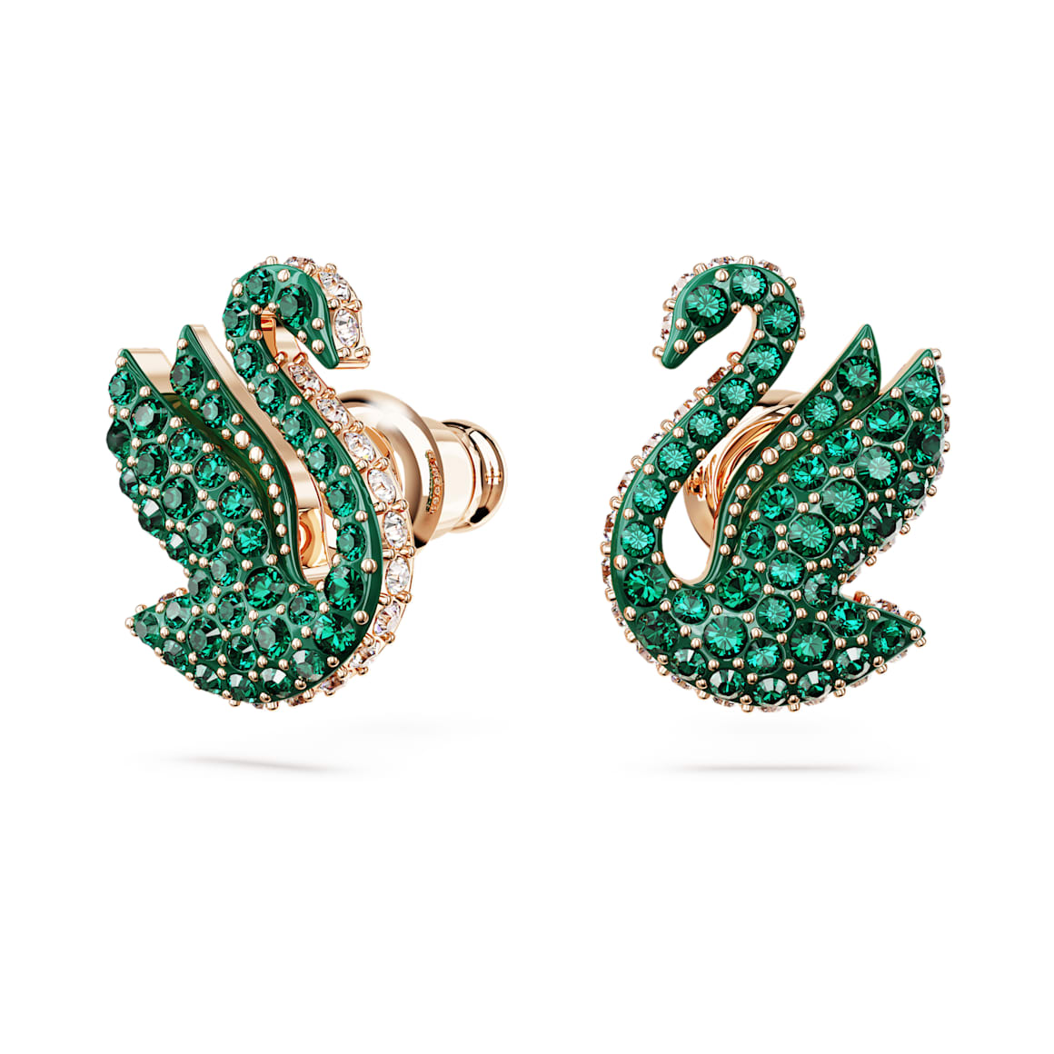 Swarovski | Swan stud earrings | Swan, Green, Rose gold-tone plated