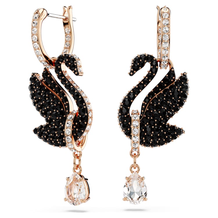 Swarovski | Swan drop earrings | Swan, Black, Rose gold-tone plated