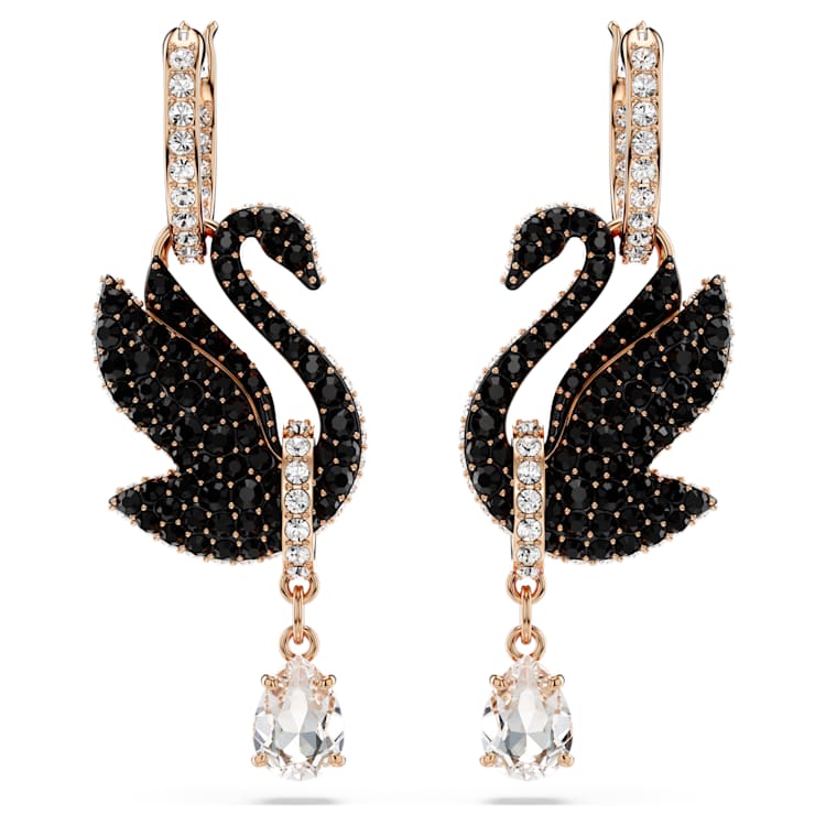 Swarovski | Swan drop earrings | Swan, Black, Rose gold-tone plated