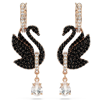 Swarovski | Swan drop earrings | Swan, Black, Rose gold-tone plated