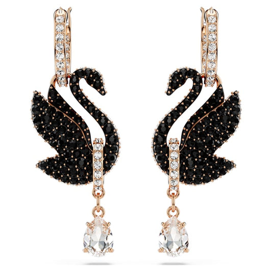 Swarovski | Swan drop earrings | Swan, Black, Rose gold-tone plated