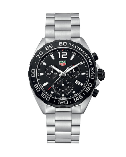 Tag Heuer | Mens Formula 1 Silver Stainless Steel Case Quartz Chronograph, Tachymeter Black Dial Silver Stainless Steel Bracelet Watch