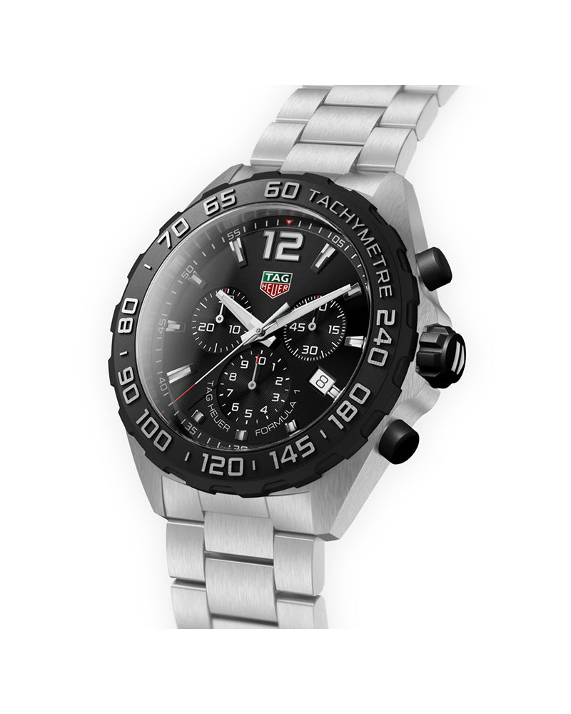 Tag Heuer | Mens Formula 1 Silver Stainless Steel Case Quartz Chronograph, Tachymeter Black Dial Silver Stainless Steel Bracelet Watch