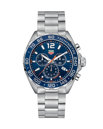 Tag Heuer | Mens Formula 1 Silver Stainless Steel Case Quartz Chronograph, Tachymeter Blue Dial Silver Stainless Steel Bracelet Watch