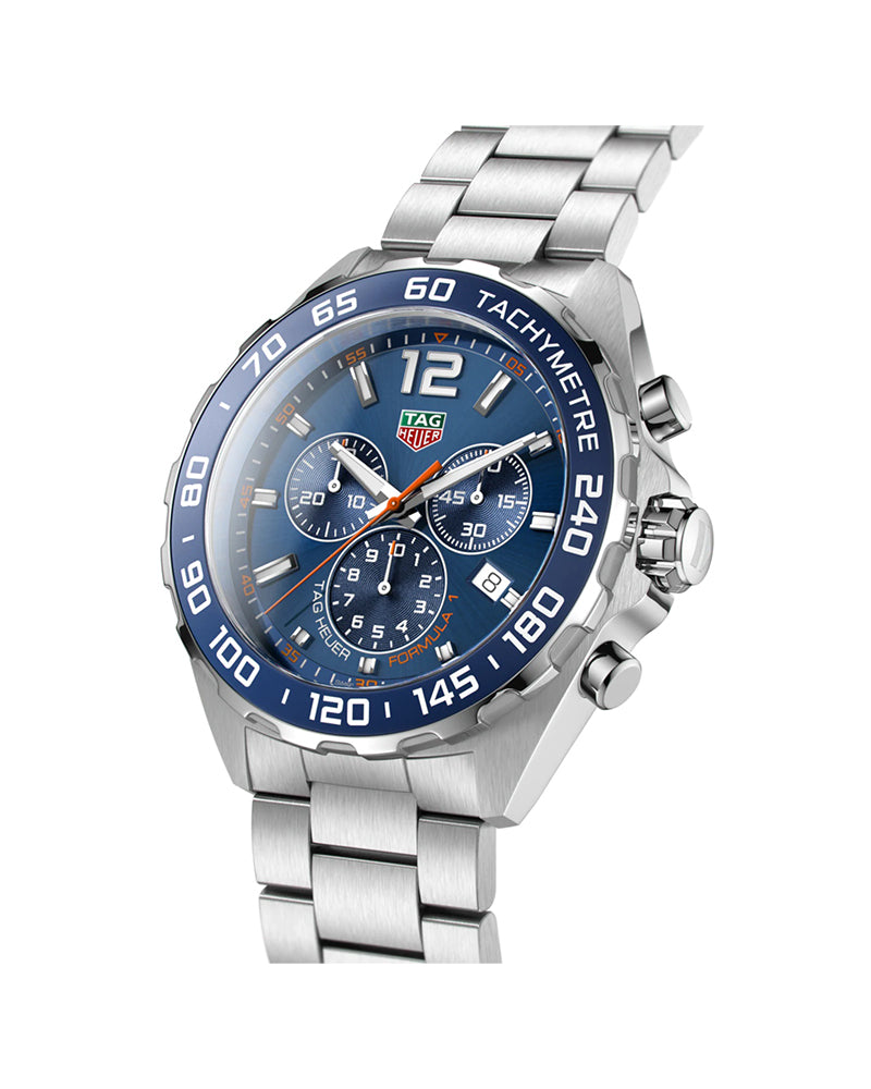 Tag Heuer | Mens Formula 1 Silver Stainless Steel Case Quartz Chronograph, Tachymeter Blue Dial Silver Stainless Steel Bracelet Watch