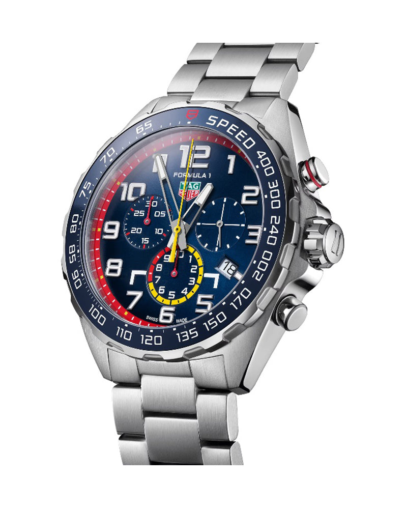 Tag Heuer | Mens Formula 1 X Red Bull Racing Silver Stainless Steel Case Fixed Blue Bezel Quartz Chronograph, Date Blue Dial Silver Stainless Steel Bracelet