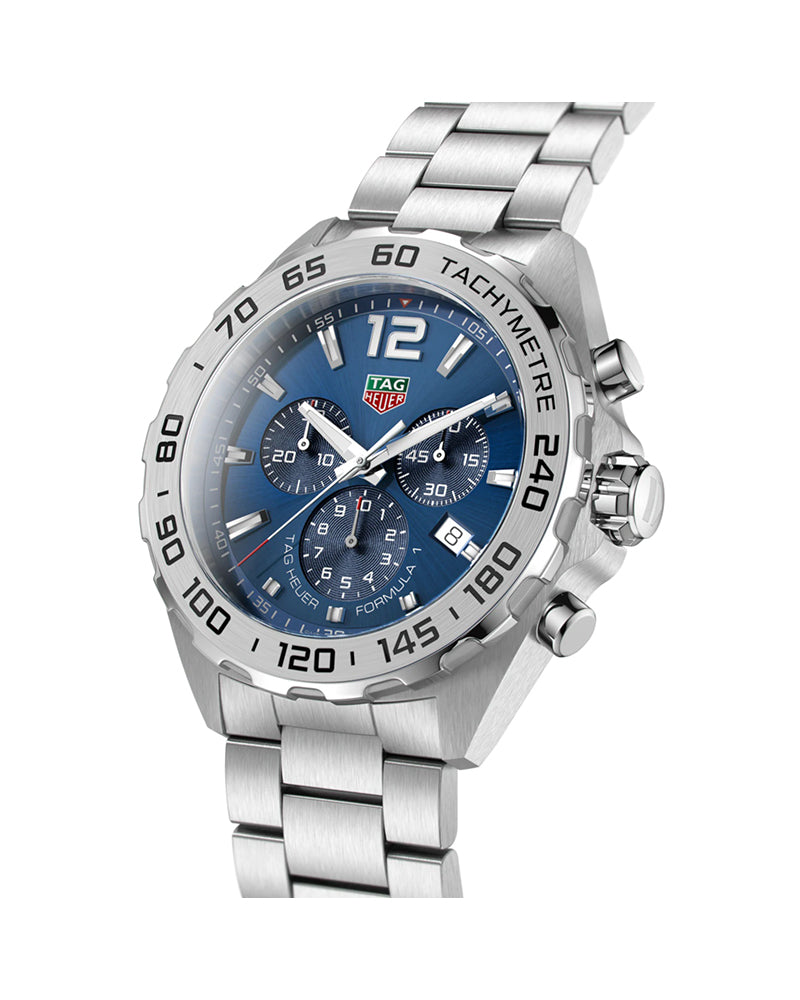 Tag Heuer | Mens Formula 1 Silver Stainless Steel Case Quartz Chronograph, Tachymeter Blue Sunray Dial Silver Stainless Steel Bracelet Watch