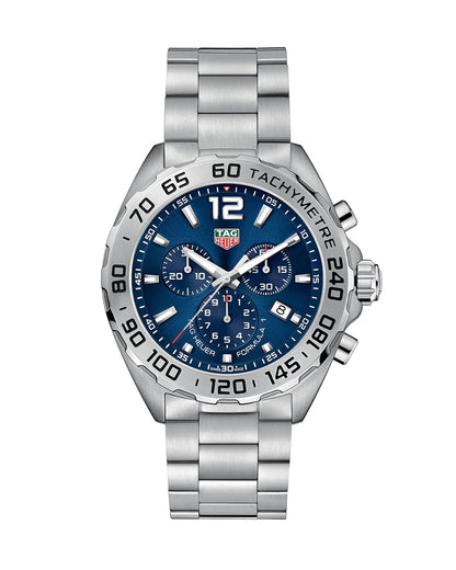 Tag Heuer | Mens Formula 1 Silver Stainless Steel Case Quartz Chronograph, Tachymeter Blue Sunray Dial Silver Stainless Steel Bracelet Watch