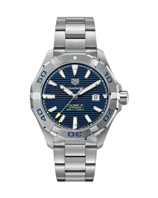 Tag Heuer | Mens Aquaracer Silver Stainless Steel Case Automatic Caliber 5 Blue Dial Silver Stainless Steel Bracelet Watch