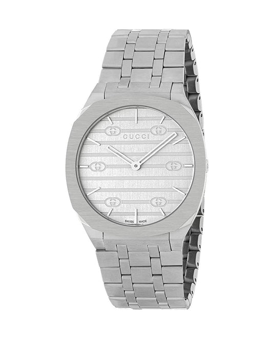 Gucci | 25H Womens Silver Stainless Steel Quartz Silver Dial with interlocking G motif Silver Stainless Steel Bracelet Watch