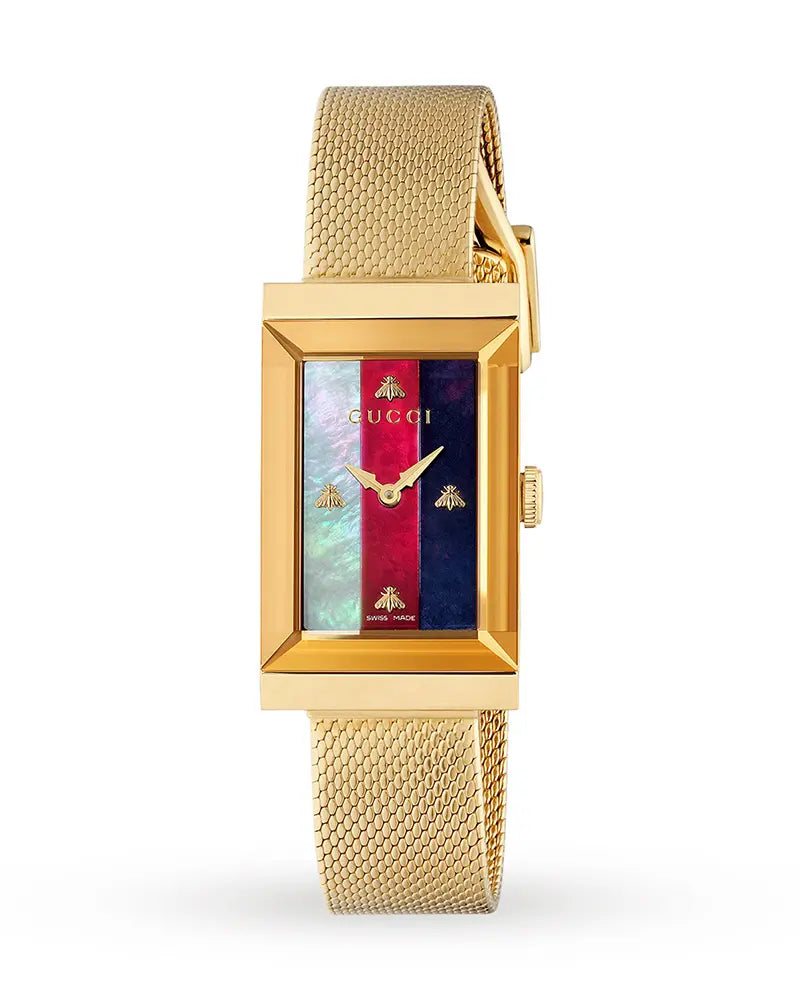 Gucci | Womens G-Frame Gold Stainless Steel Quartz White, Red, Blue Web Mother of Pearl Dial Gold Steel Mesh Bracelet Watch