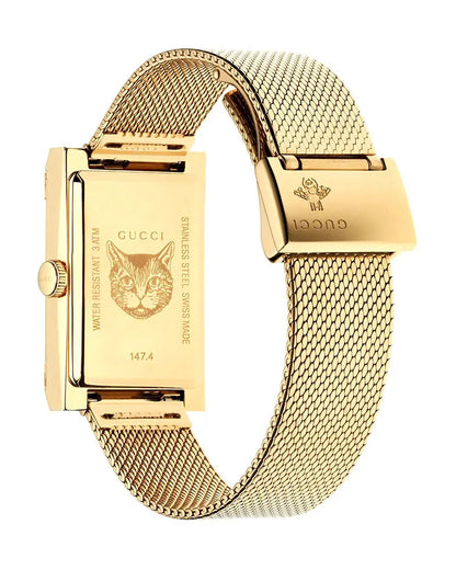 Gucci | Womens G-Frame Gold Stainless Steel Quartz White, Red, Blue Web Mother of Pearl Dial Gold Steel Mesh Bracelet Watch