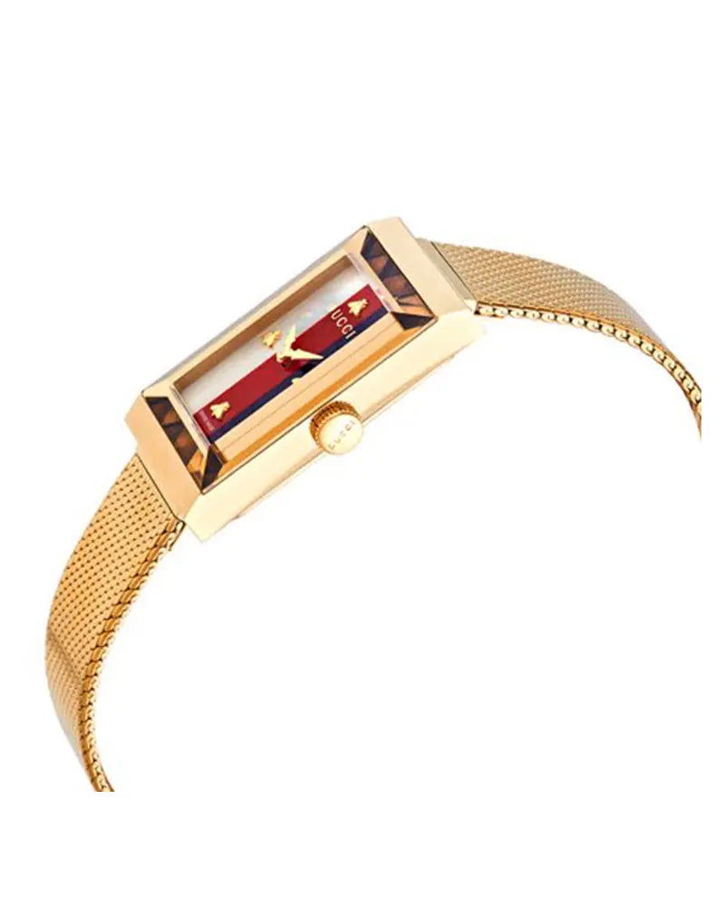 Gucci | Womens G-Frame Gold Stainless Steel Quartz White, Red, Blue Web Mother of Pearl Dial Gold Steel Mesh Bracelet Watch